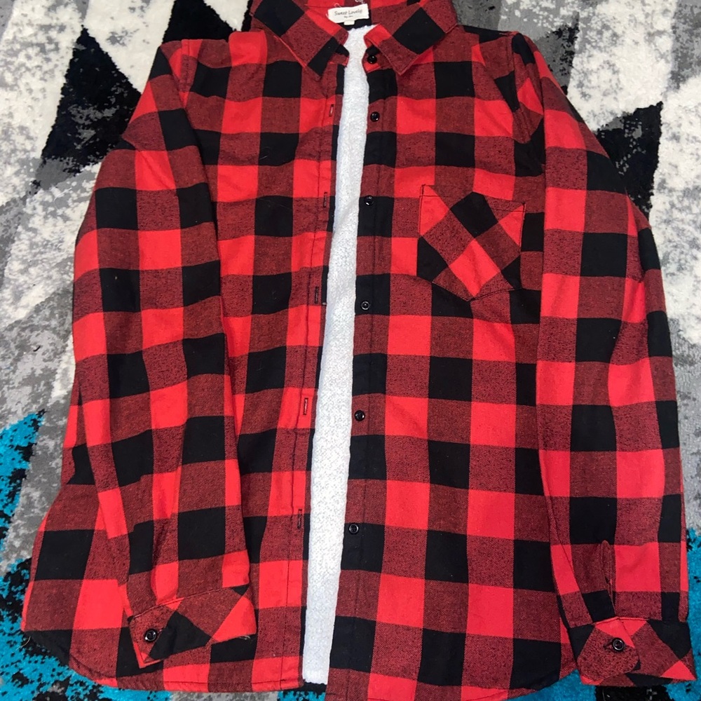 Red and Black fleece lined Plaid Button-Up Shirt